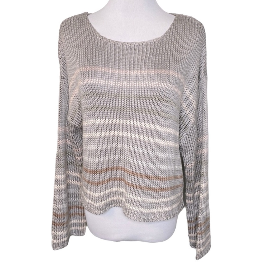 LoveStitch Gray Striped Chunky Knit Wide Sleeve Shorter Length Sweater